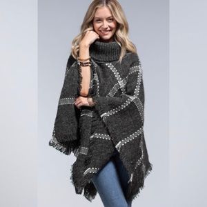 Plaid Poncho Turtleneck Windowpane Print With Fringe Frayed Hem  NWT